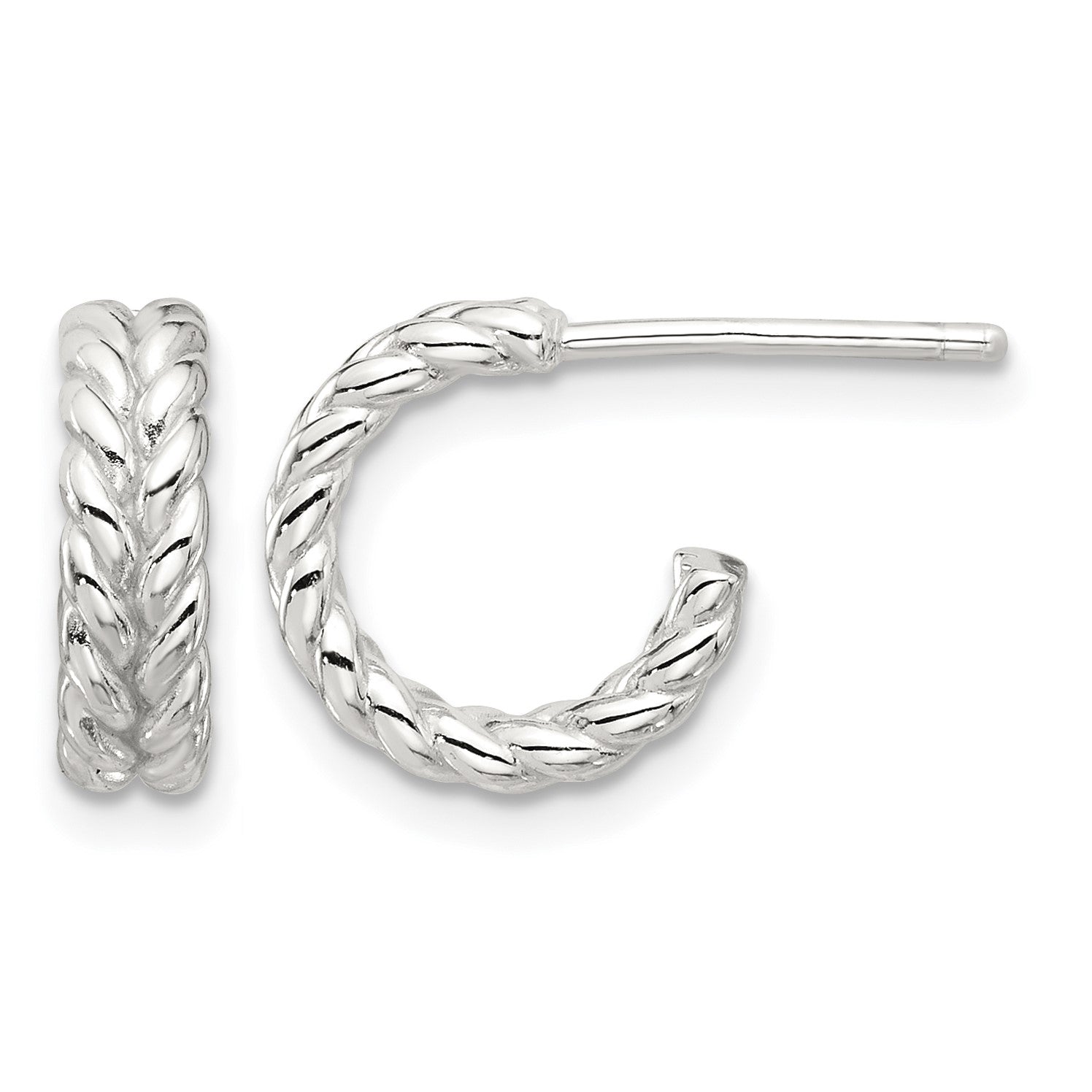 Sterling Silver E-coated Polished Braided Post C-Hoop Earrings