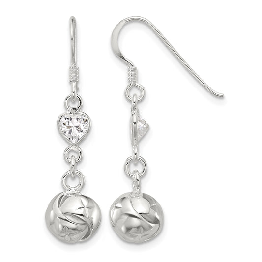 Sterling Silver Polished CZ Knot Dangle Shepherd Hook Earrings
