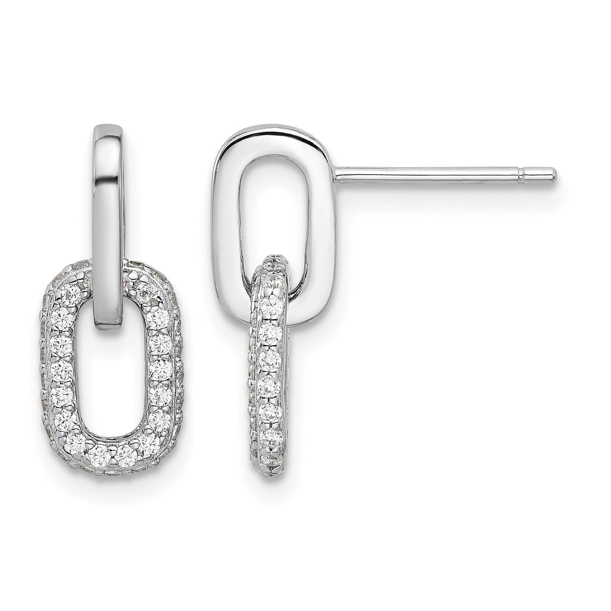 Sterling Silver Rhodium-plated Pave CZ Link Design Post Dangle Earrings