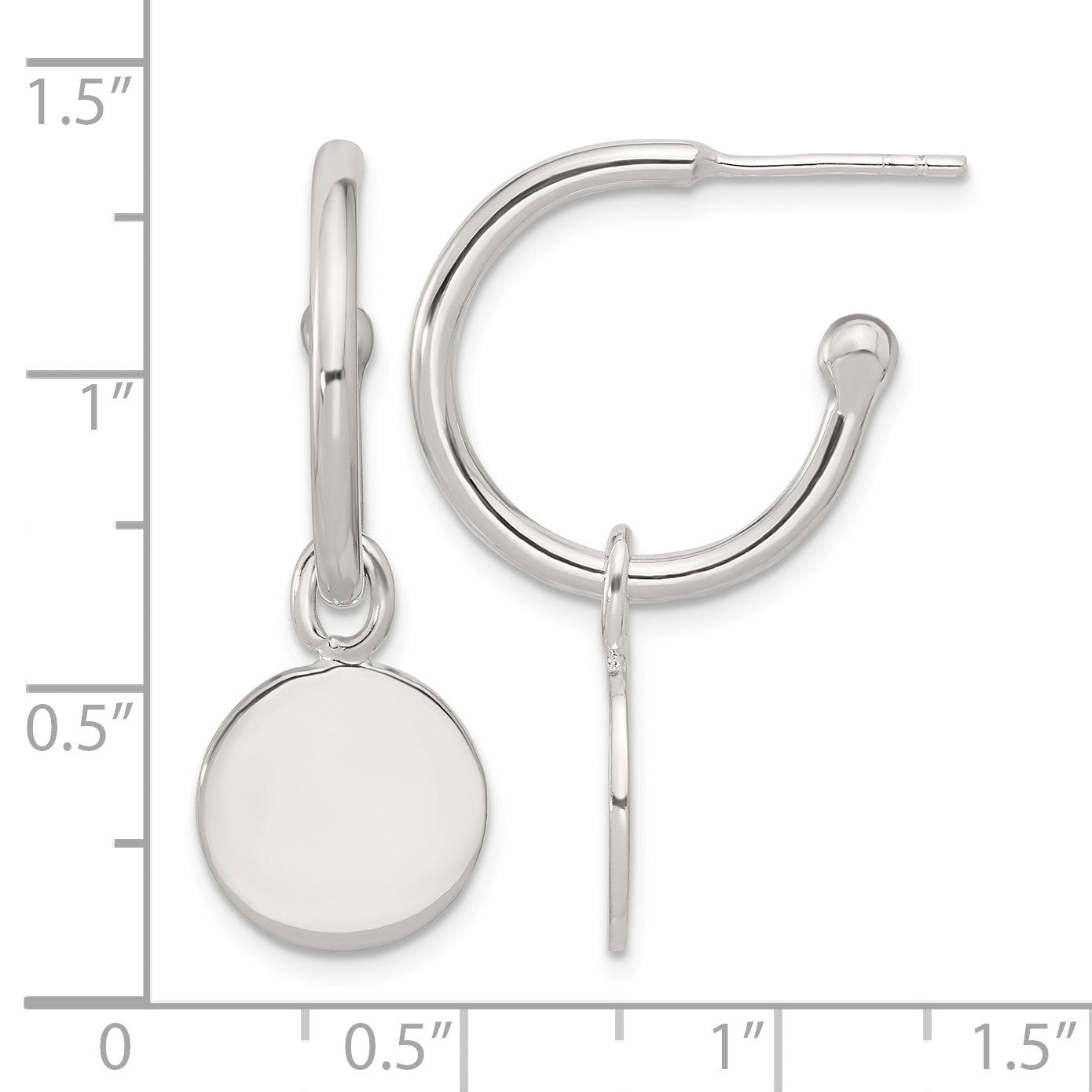 Sterling Silver Polished C-Hoop Dangle Disc Post Earrings