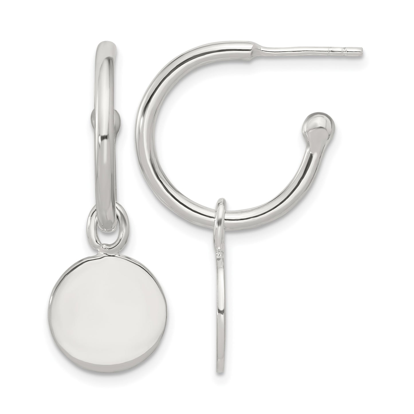 Sterling Silver Polished C-Hoop Dangle Disc Post Earrings