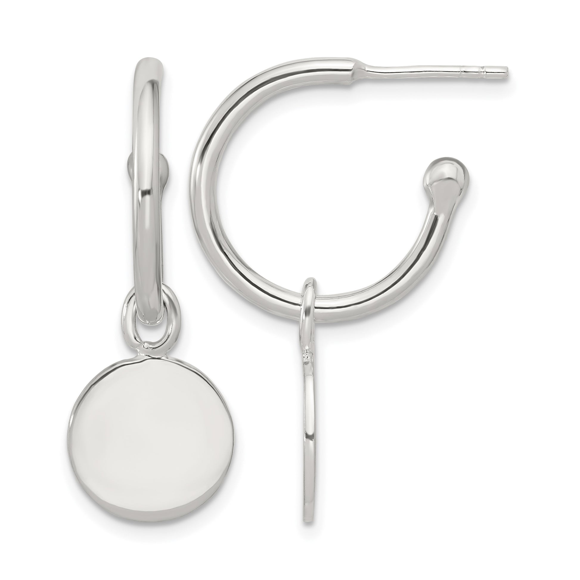 Sterling Silver Polished C-Hoop Dangle Disc Post Earrings
