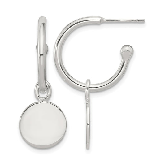 Sterling Silver Polished C-Hoop Dangle Disc Post Earrings