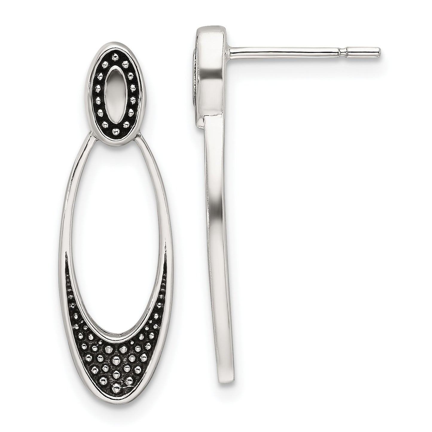 Sterling Silver Polished and Antiqued Oval Post Earrings