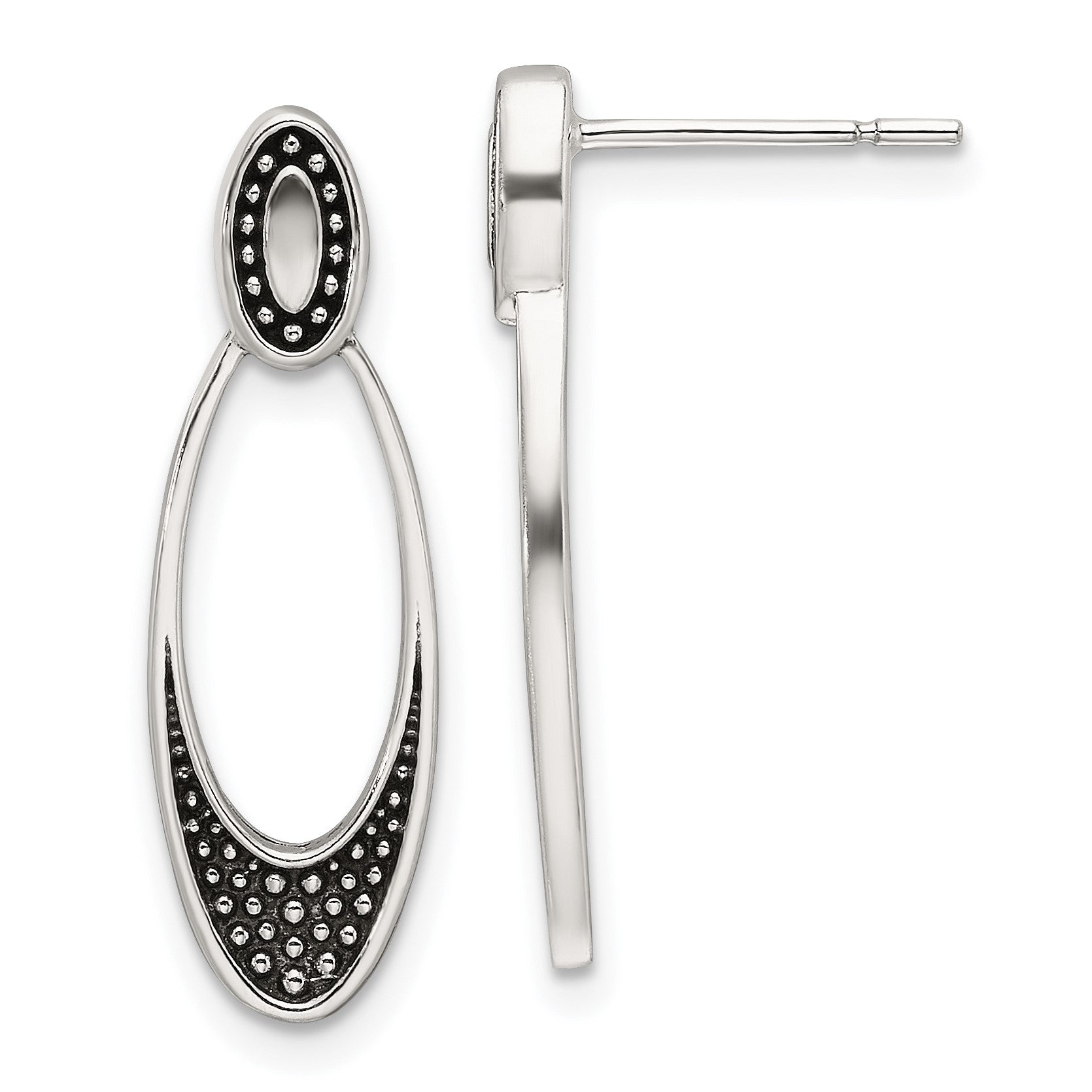 Sterling Silver Polished and Antiqued Oval Post Earrings