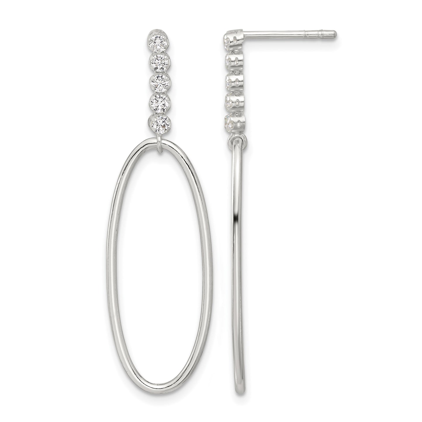 Sterling Silver E-coated CZ Oval Post Dangle Earrings