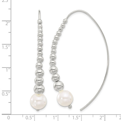 Sterling Silver Polished Beaded Simulated Pearl Threader Earrings