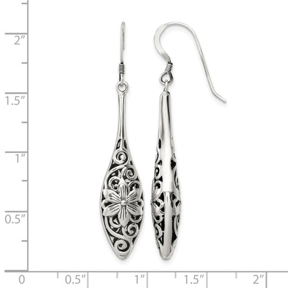 Sterling Silver Polished Antiqued Floral Teardrop Shepherd Hook Earrings