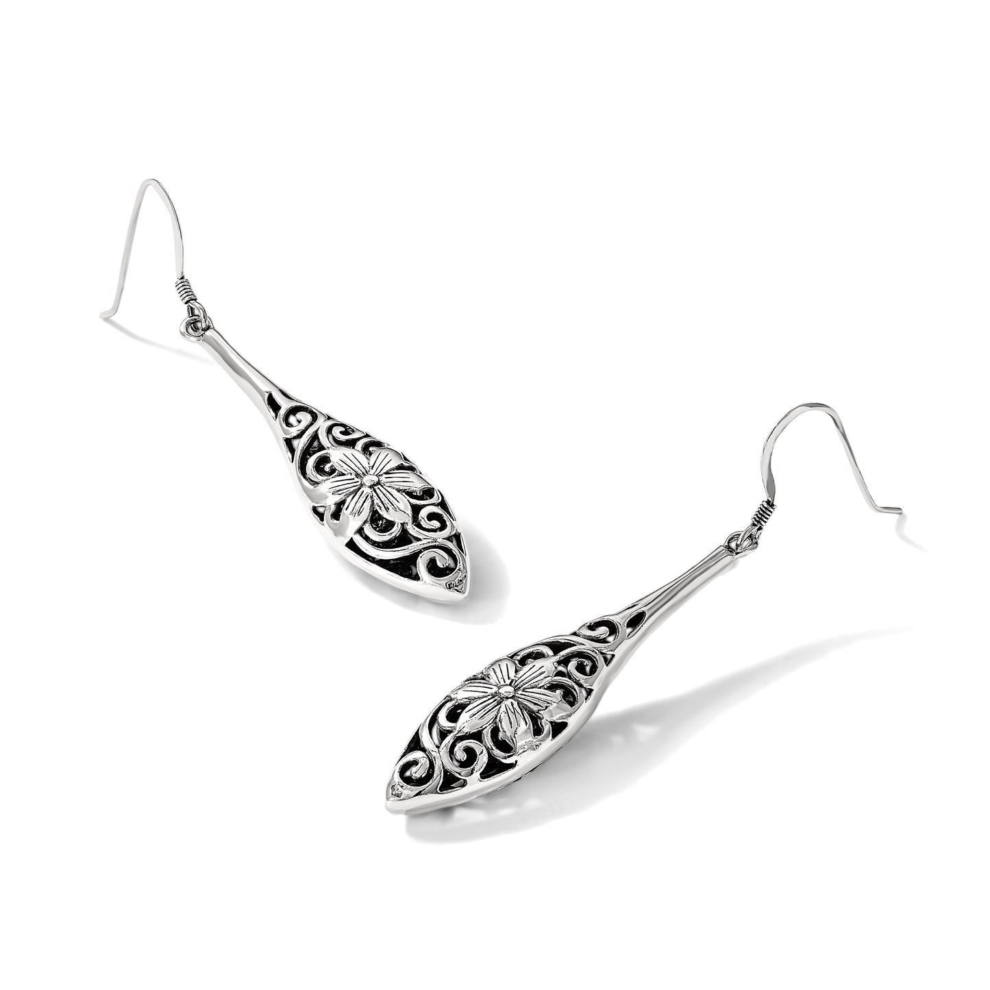 Sterling Silver Polished Antiqued Floral Teardrop Shepherd Hook Earrings