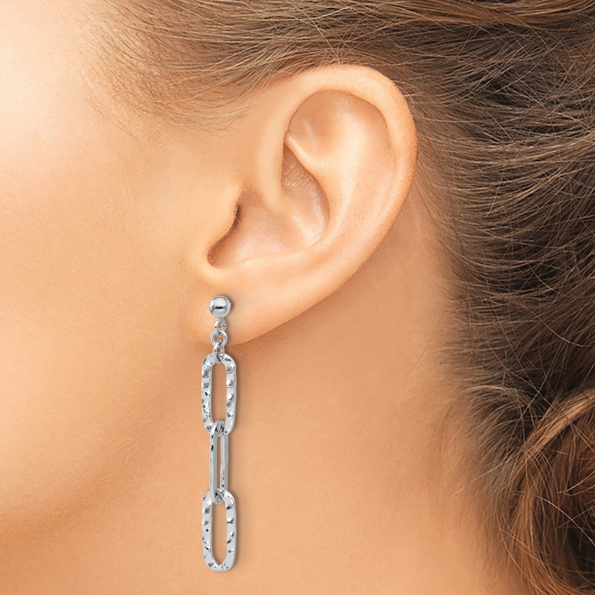 Sterling Silver RH-pltd Polished Hammered Chain Post Dangle Earrings