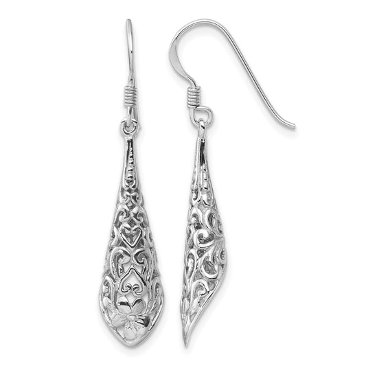 Sterling Silver Rhod-plated Polished Puffed Filigree Flower Earrings