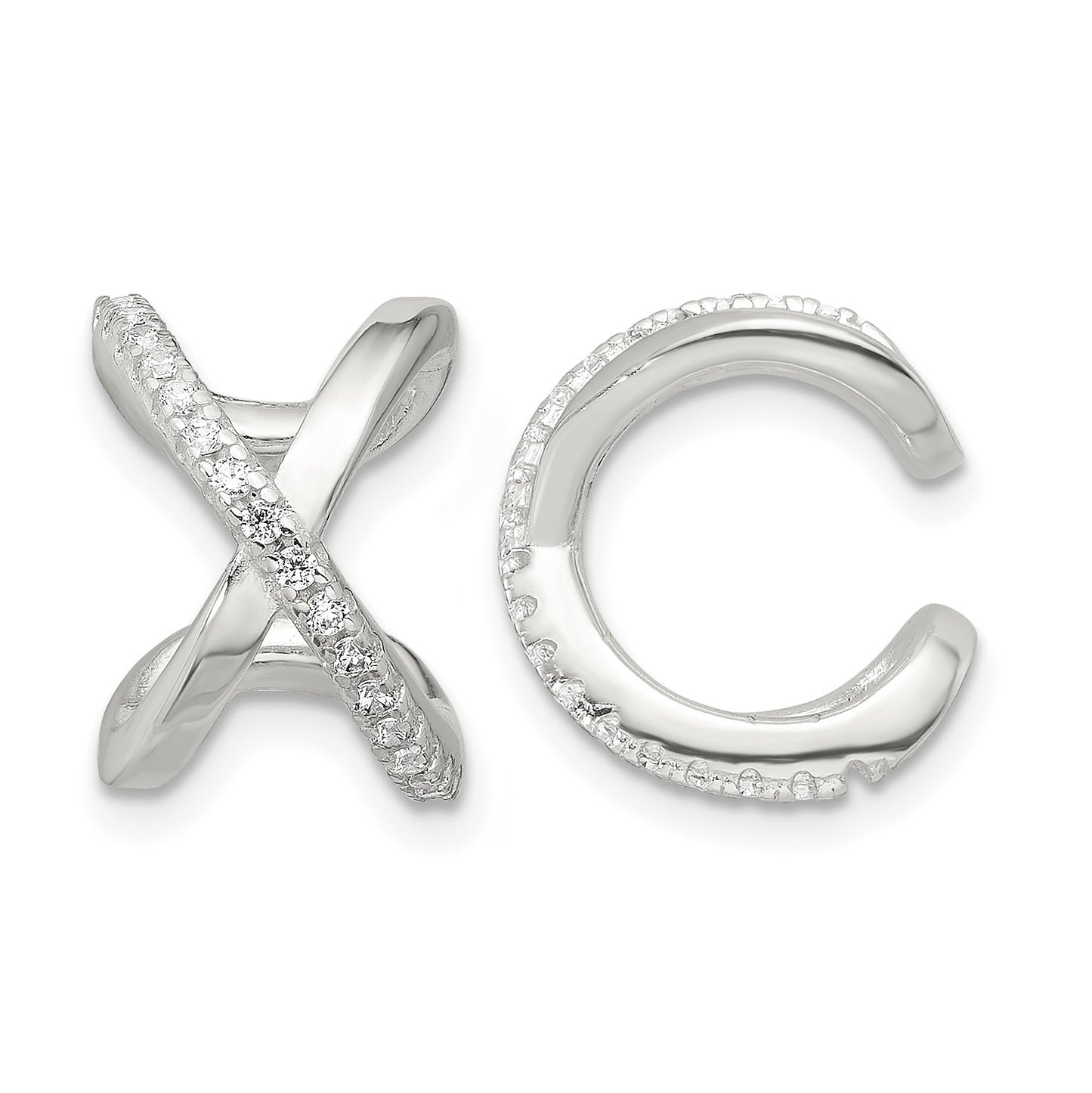 Sterling Silver E-Coating Polished CZ 'X' Pair of 2 Cuff Earrings