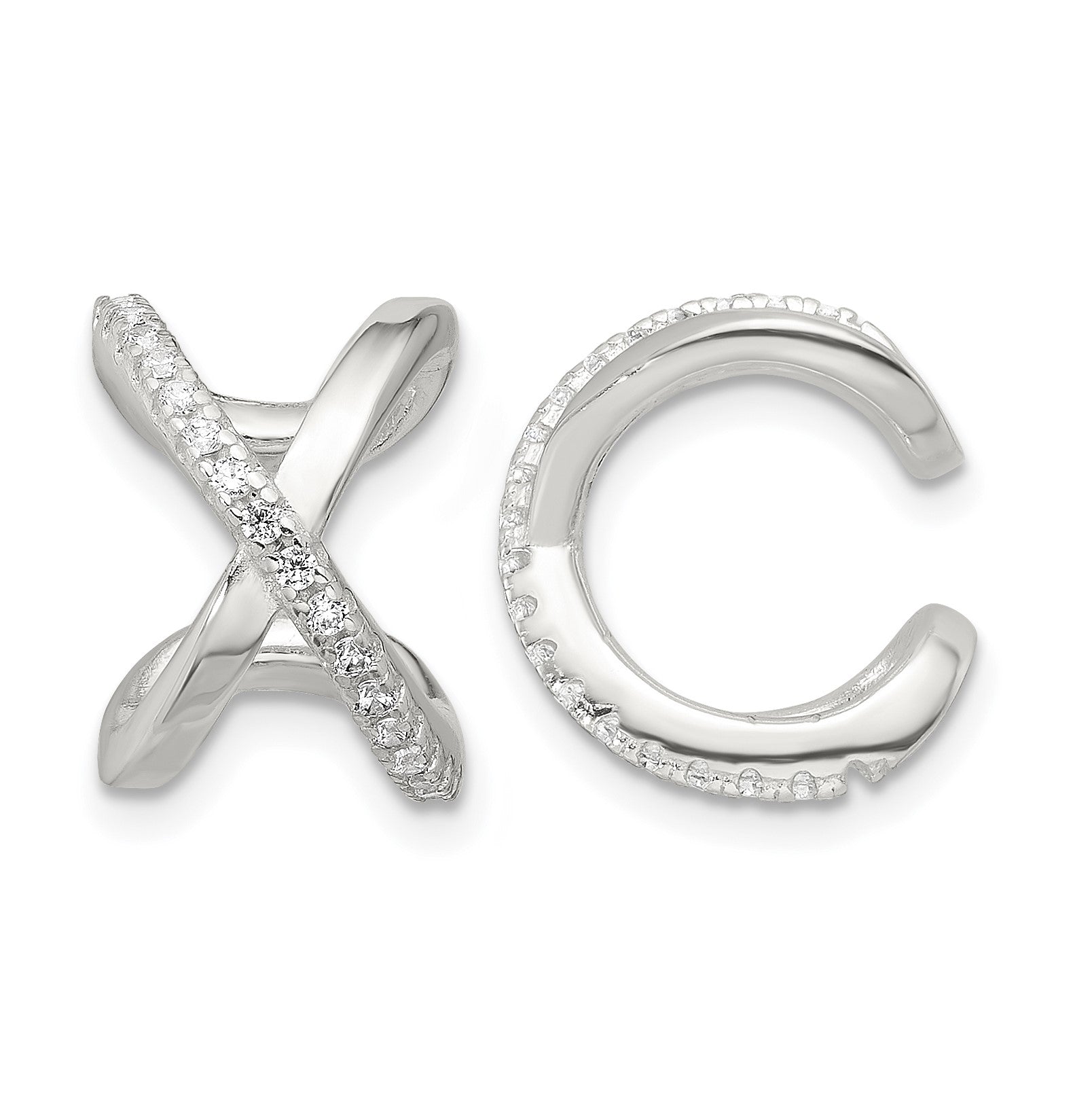 Sterling Silver E-Coating Polished CZ 'X' Pair of 2 Cuff Earrings