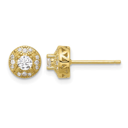 Sterling Silver Gold-tone Textured Round CZ Cluster Post Earrings