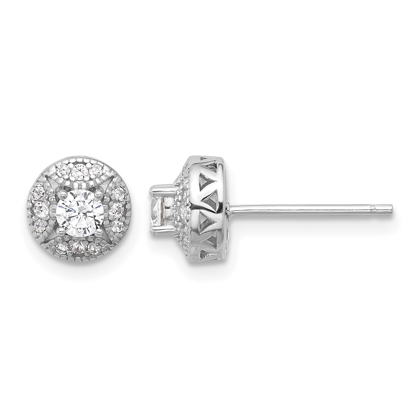 Sterling Silver Rhod-plated Textured Round CZ Cluster Post Earrings