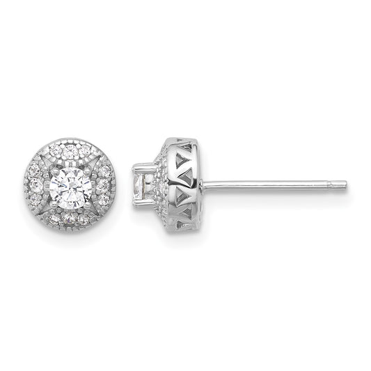 Sterling Silver Rhod-plated Textured Round CZ Cluster Post Earrings