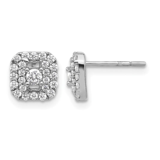 Sterling Silver Rhodium-plated Polished CZ Square Halo Post Earrings