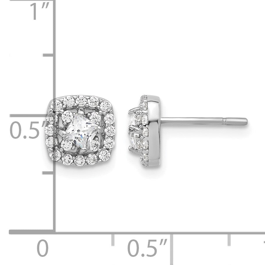 Sterling Silver Rhod-plated Polished CZ Square Center Halo Post Earrings