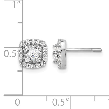 Sterling Silver Rhod-plated Polished CZ Square Center Halo Post Earrings