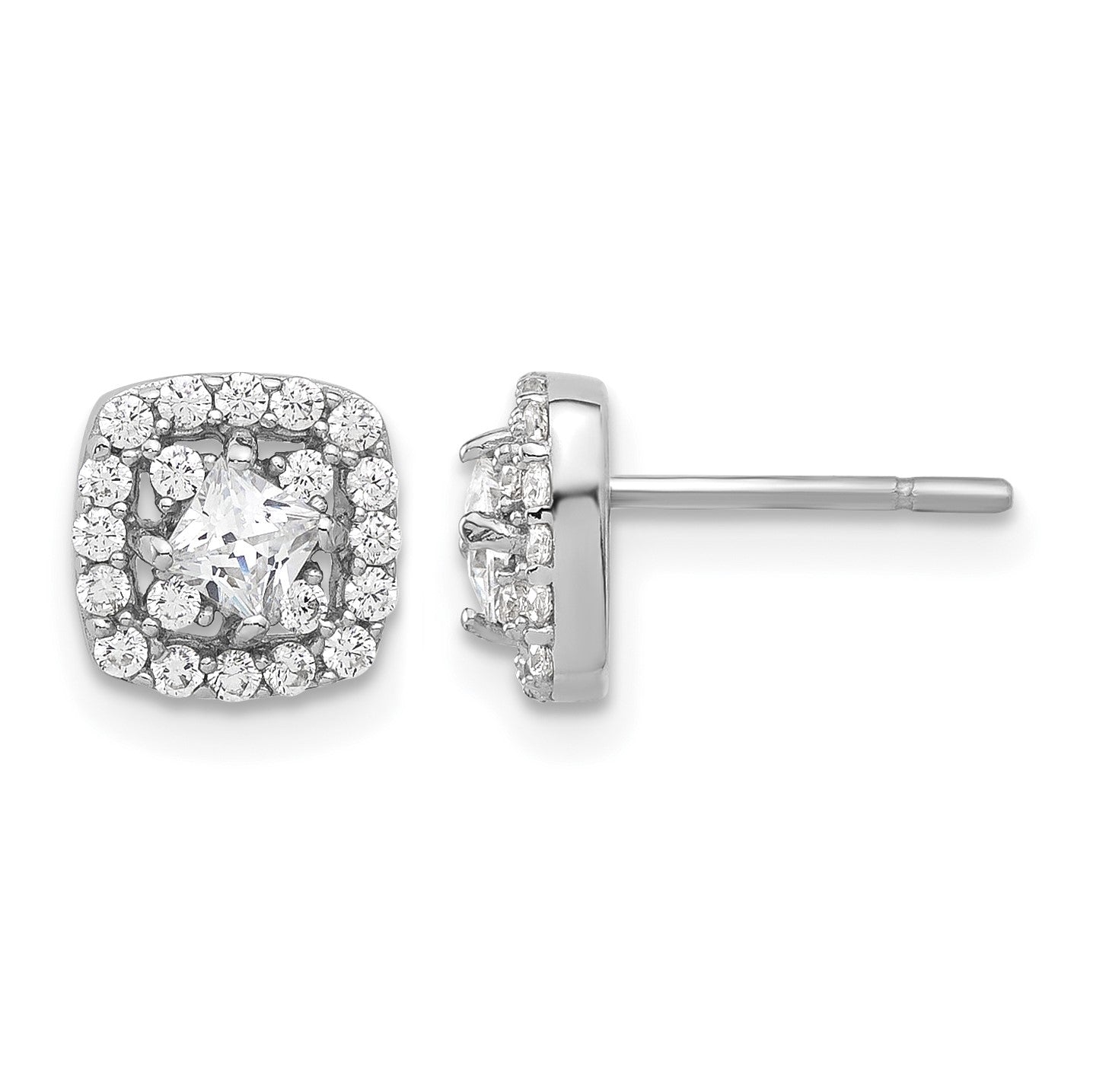 Sterling Silver Rhod-plated Polished CZ Square Center Halo Post Earrings