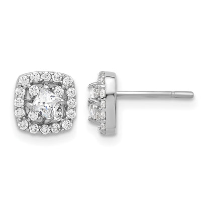Sterling Silver Rhod-plated Polished CZ Square Center Halo Post Earrings