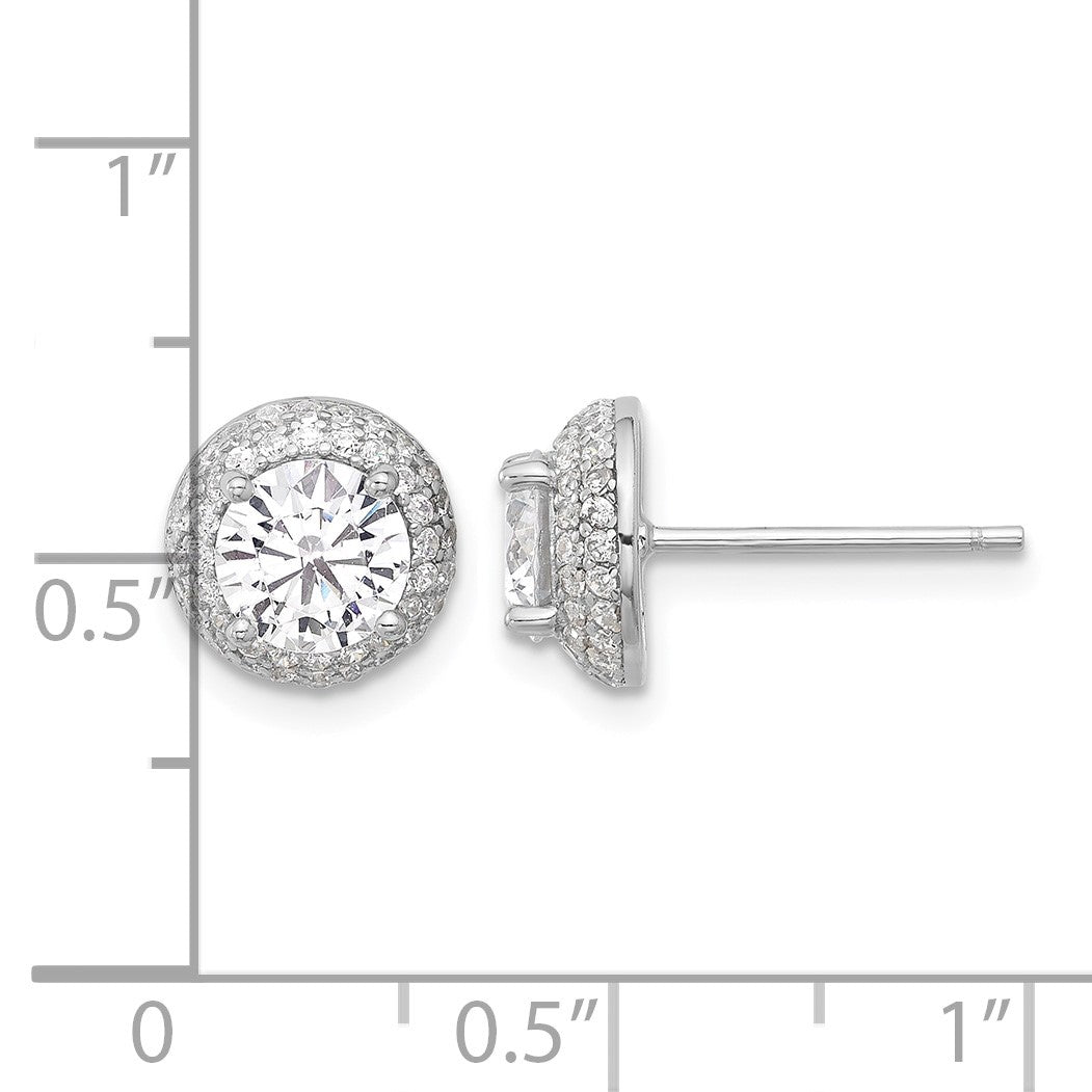 Sterling Silver Rhodium-plated 6mm CZ Double Halo Post Earrings