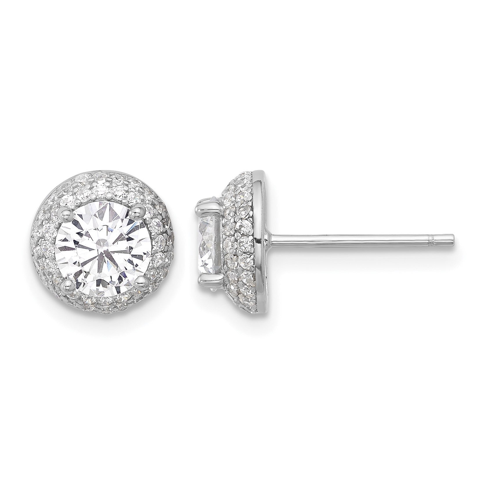 Sterling Silver Rhodium-plated 6mm CZ Double Halo Post Earrings