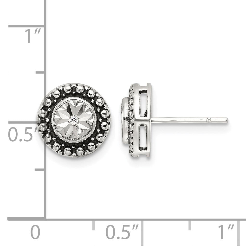 Sterling Silver Polished Antiqued and Diamond-cut CZ Post Earrings