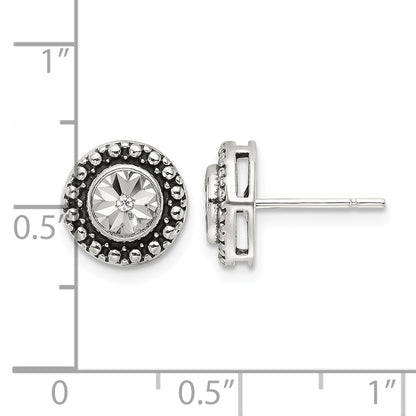 Sterling Silver Polished Antiqued and Diamond-cut CZ Post Earrings