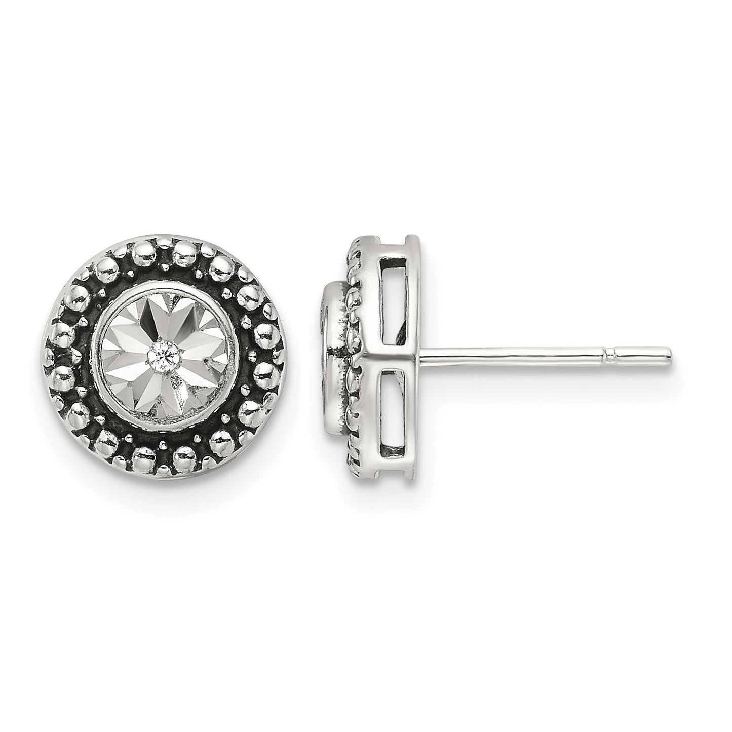 Sterling Silver Polished Antiqued and Diamond-cut CZ Post Earrings