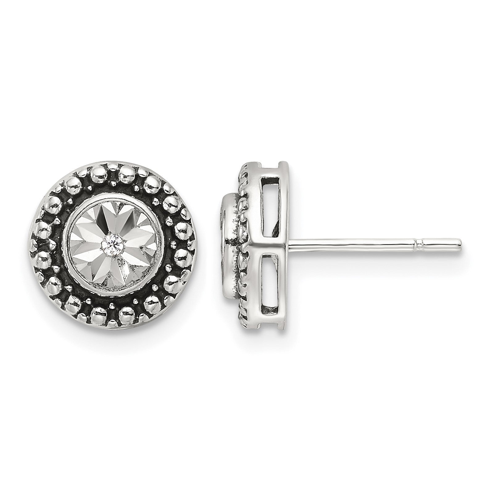 Sterling Silver Polished Antiqued and Diamond-cut CZ Post Earrings