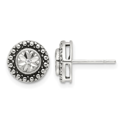 Sterling Silver Polished Antiqued and Diamond-cut CZ Post Earrings