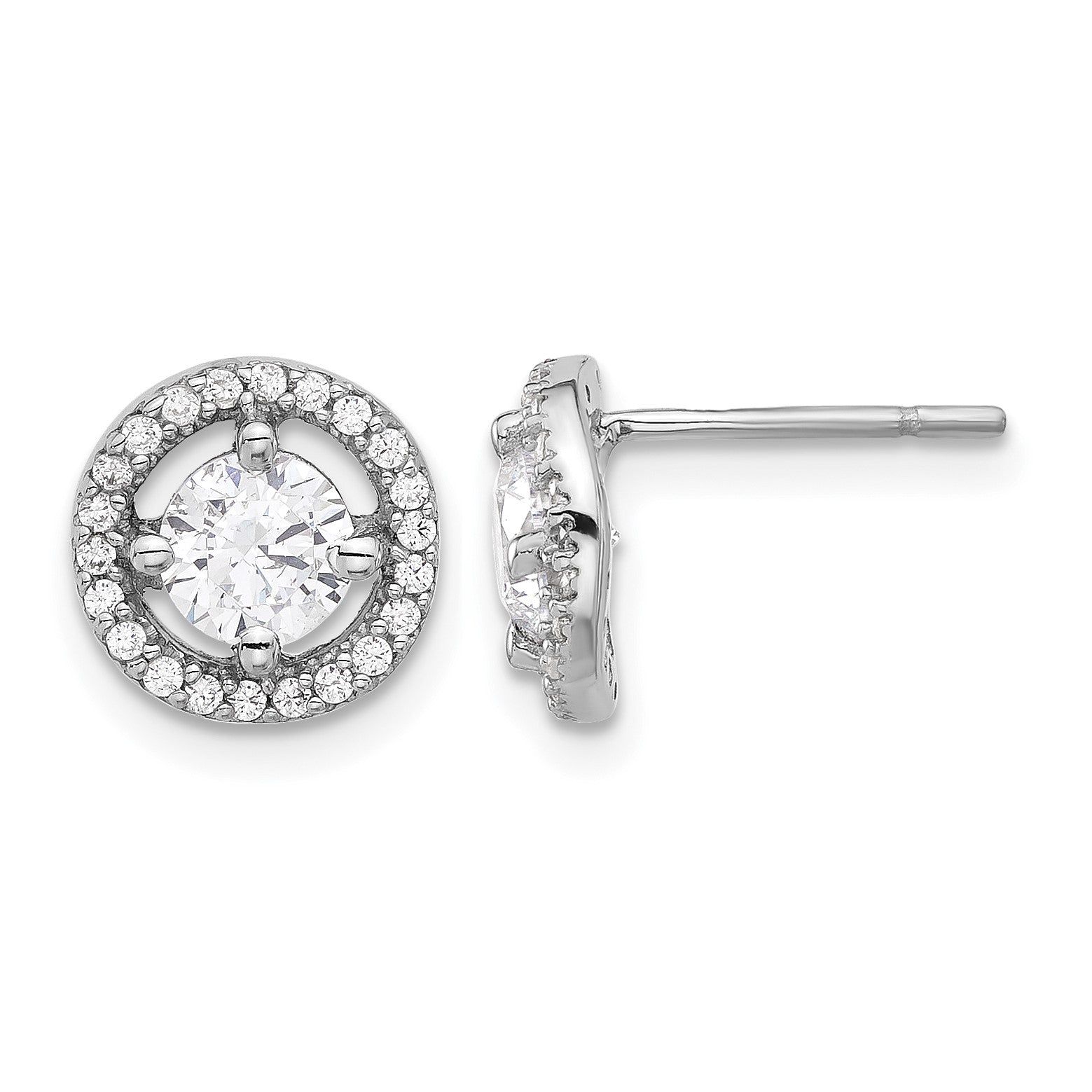 Sterling Silver Rhodium-plated Polished Round CZ Halo Post Earrings