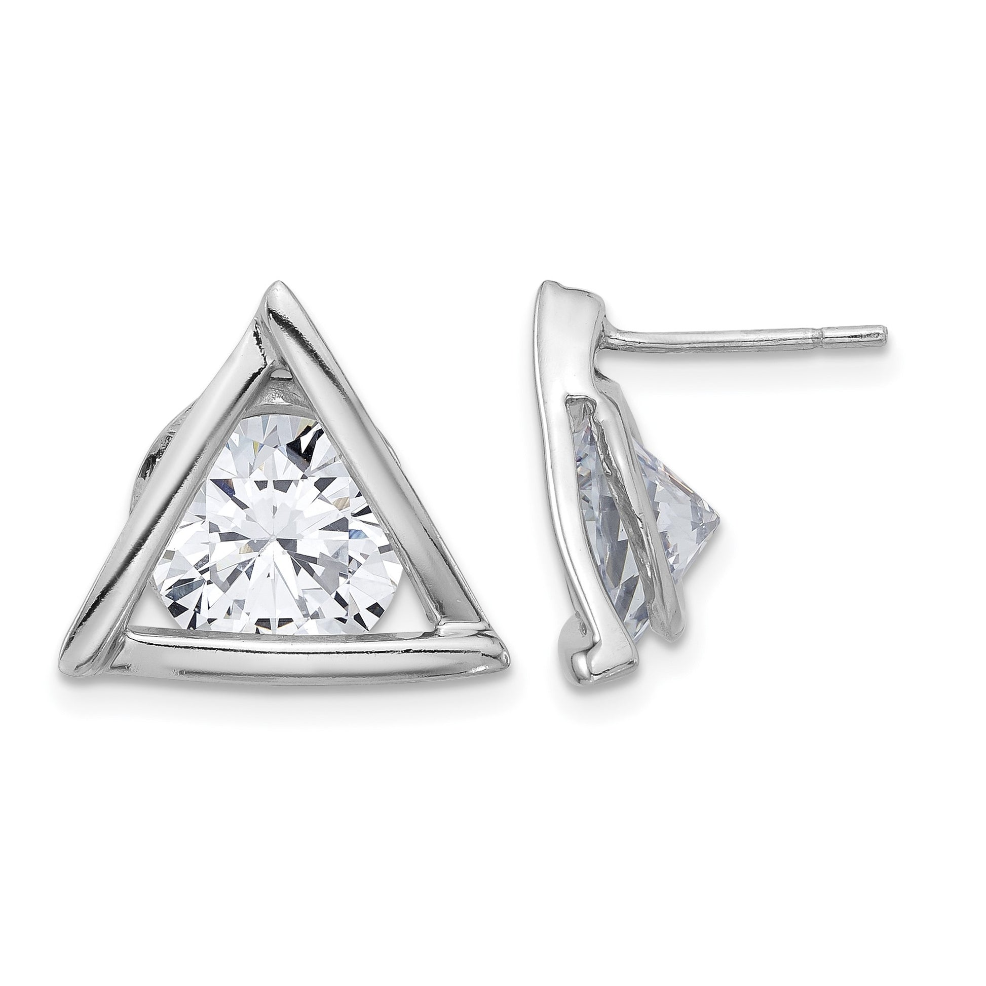 Sterling Silver Rhodium-plated Polished CZ Triangle Post Earrings