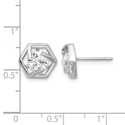 Sterling Silver Rhodium-plated Polished CZ Hexagon Post Earrings