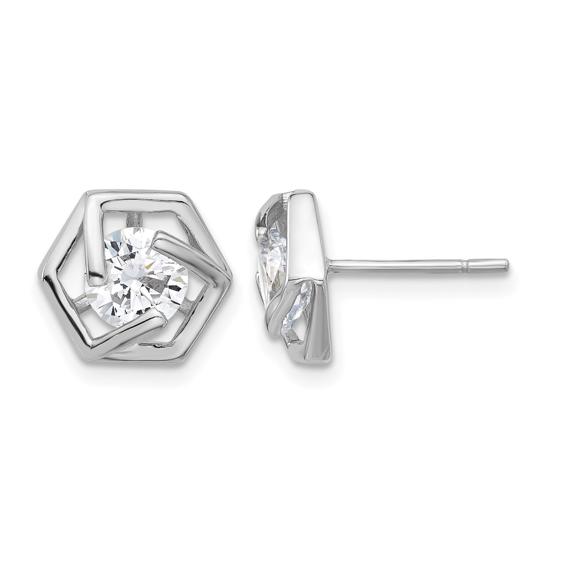 Sterling Silver Rhodium-plated Polished CZ Hexagon Post Earrings