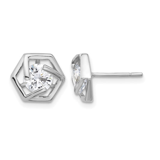 Sterling Silver Rhodium-plated Polished CZ Hexagon Post Earrings
