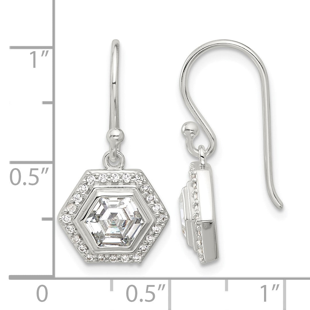 Sterling Silver E-coated Polished CZ Hexagon Dangle Earrings