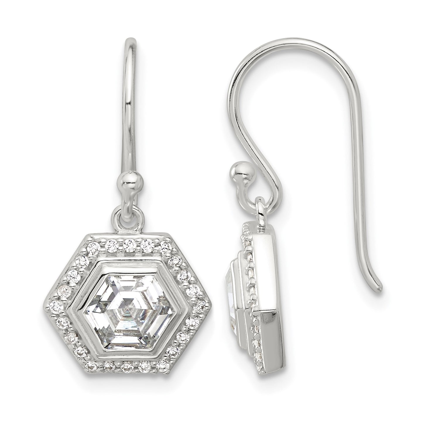 Sterling Silver E-coated Polished CZ Hexagon Dangle Earrings