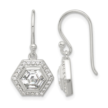 Sterling Silver E-coated Polished CZ Hexagon Dangle Earrings