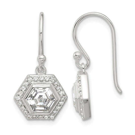 Sterling Silver E-coated Polished CZ Hexagon Dangle Earrings