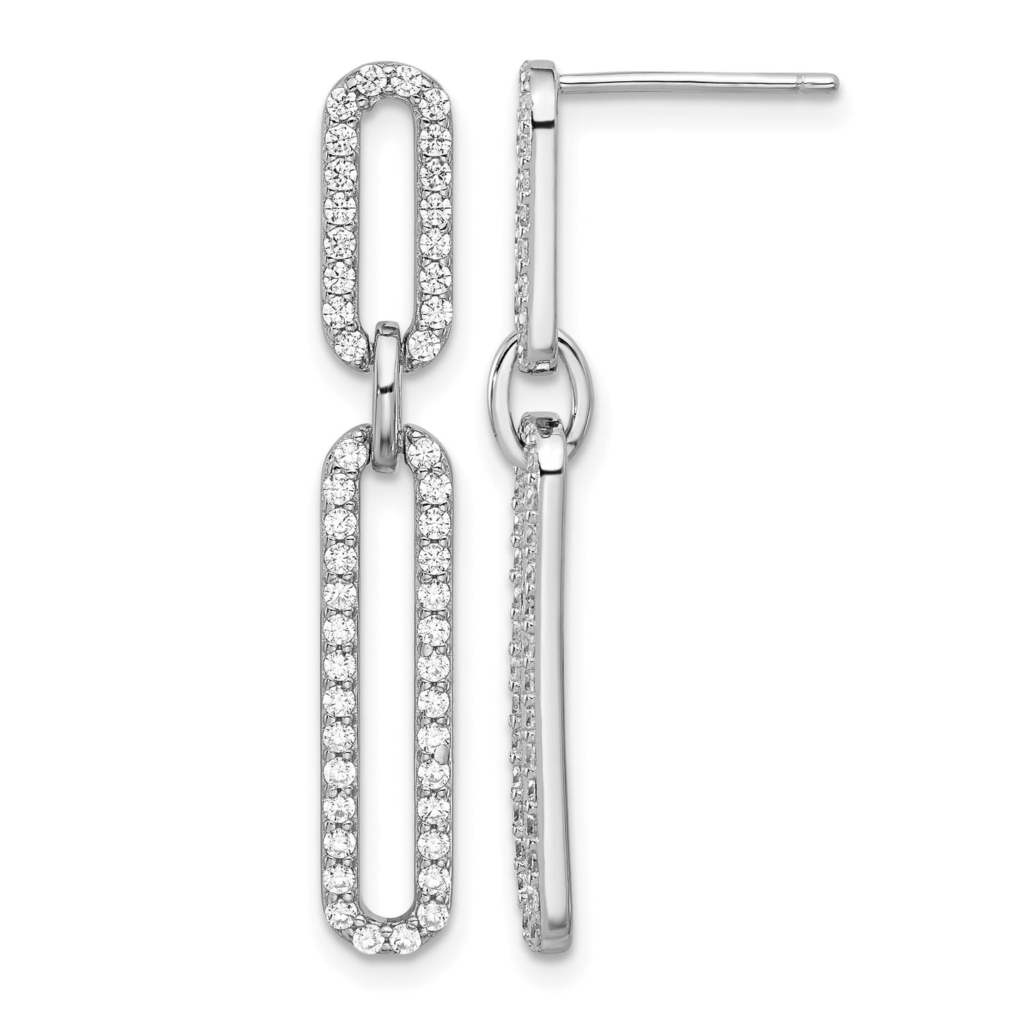 Sterling Silver RH-plated Polished CZ Paperclip Post Dangle Earrings