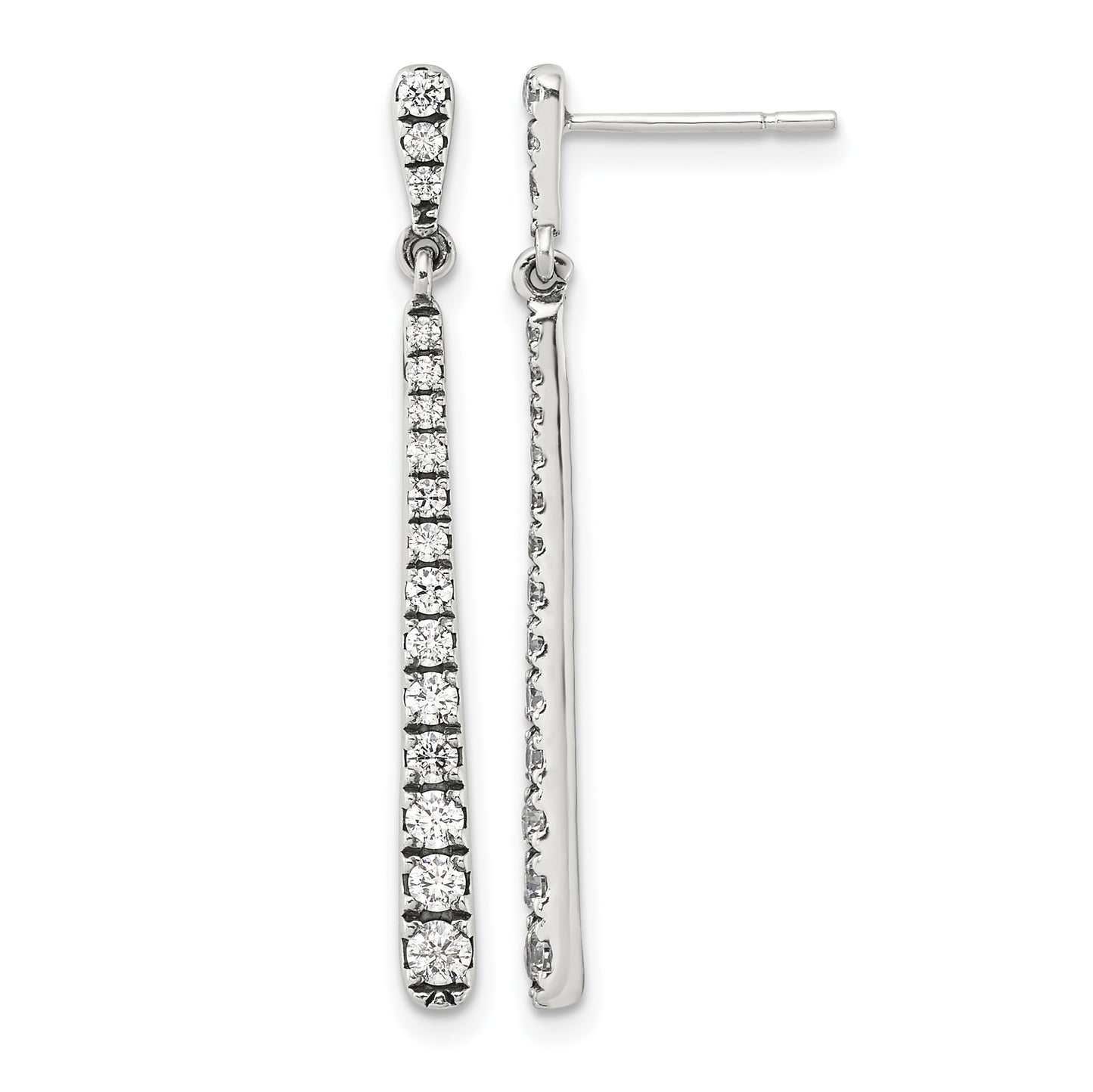 Sterling Silver Polished & Antiqued Graduated CZ Post Dangle Earrings