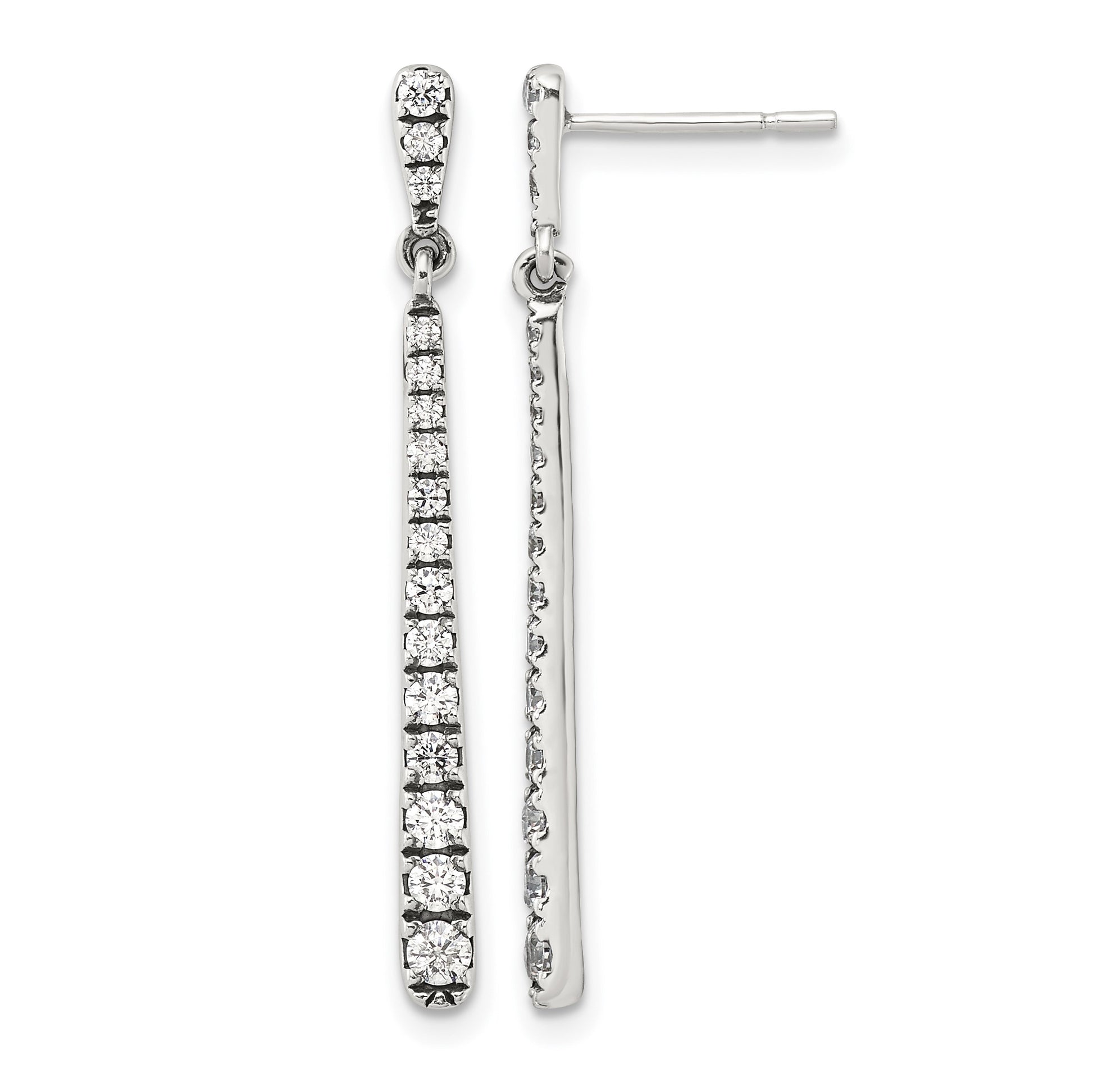 Sterling Silver Polished & Antiqued Graduated CZ Post Dangle Earrings