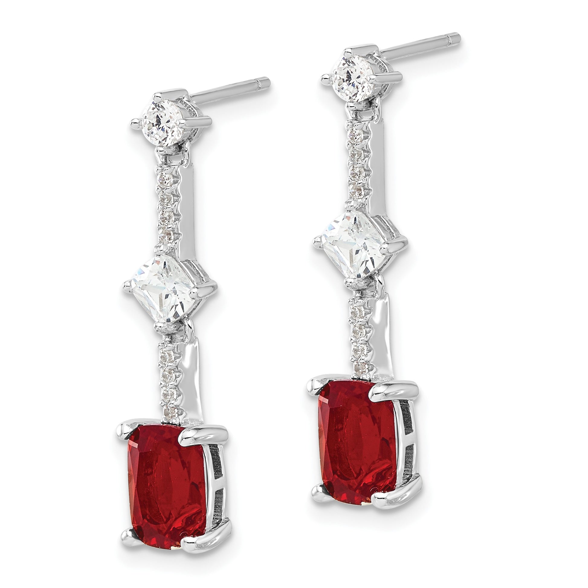 Sterling Silver Rhod-plated Fancy Red & White CZ Post Dangle Earrings