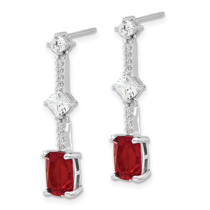 Sterling Silver Rhod-plated Fancy Red & White CZ Post Dangle Earrings