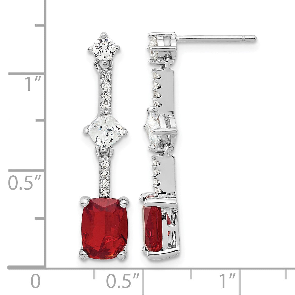 Sterling Silver Rhod-plated Fancy Red & White CZ Post Dangle Earrings