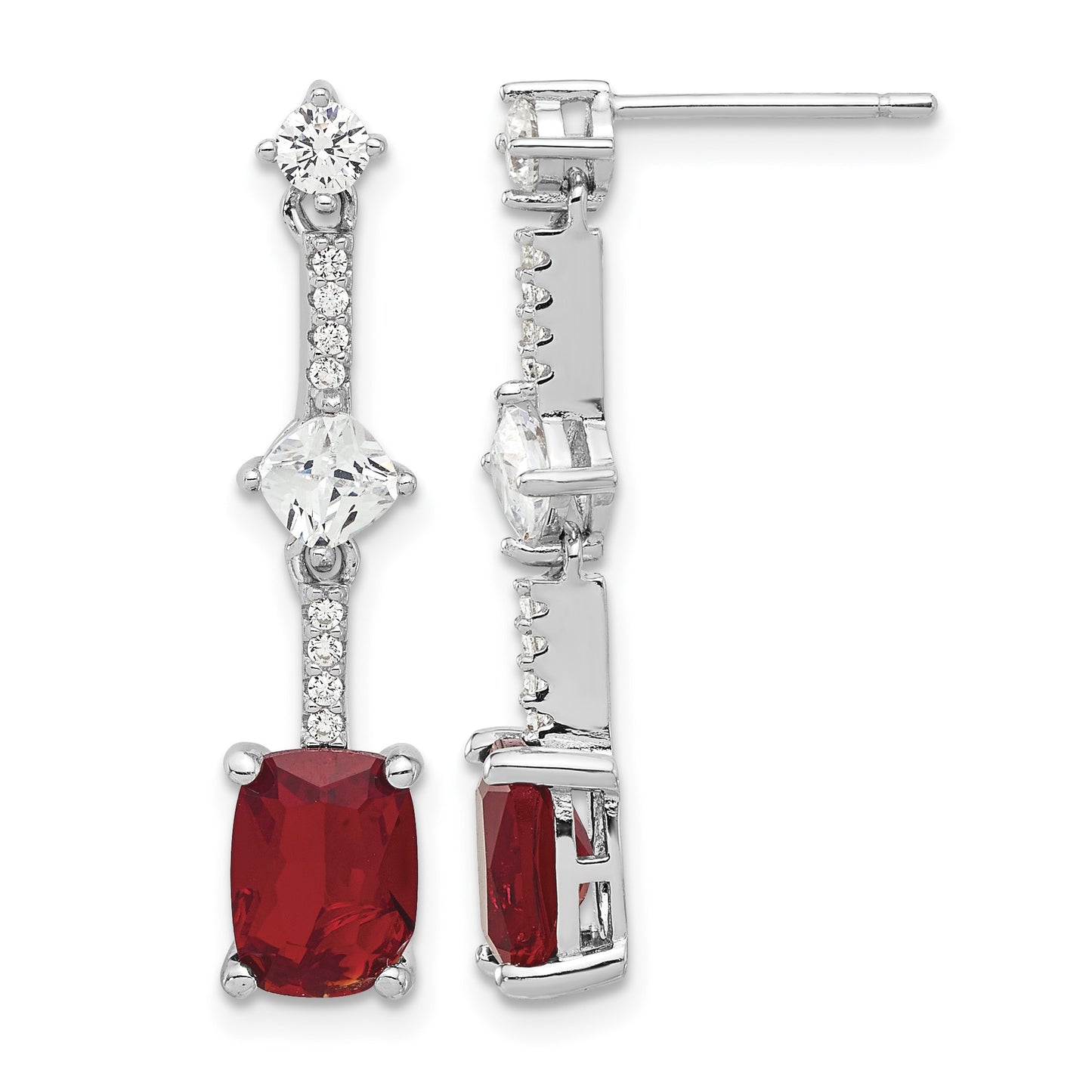 Sterling Silver Rhod-plated Fancy Red & White CZ Post Dangle Earrings