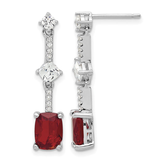 Sterling Silver Rhod-plated Fancy Red & White CZ Post Dangle Earrings