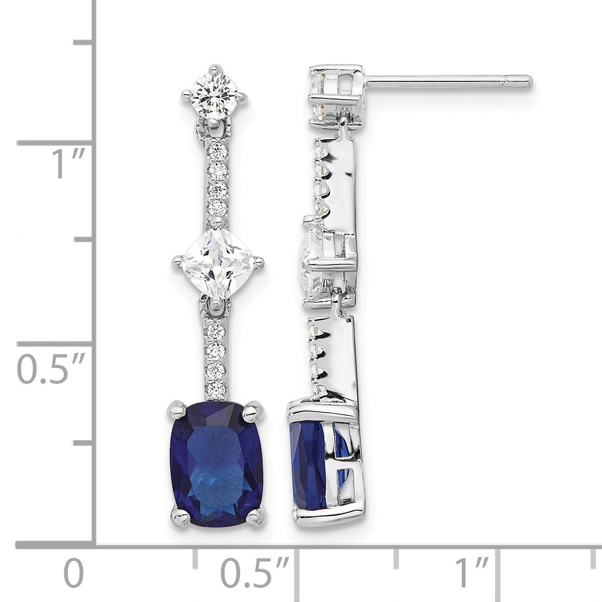 Sterling Silver RH-plated Fancy Blue & White CZ Post Dangle Earrings